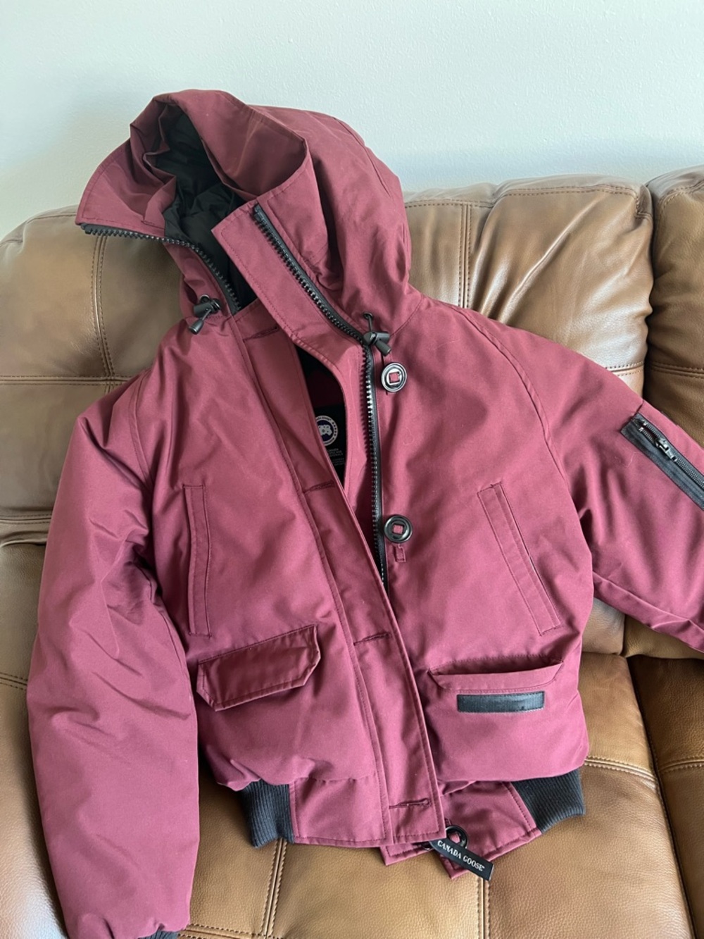 Canada Goose Burgundy Bomber Jacket with Hood